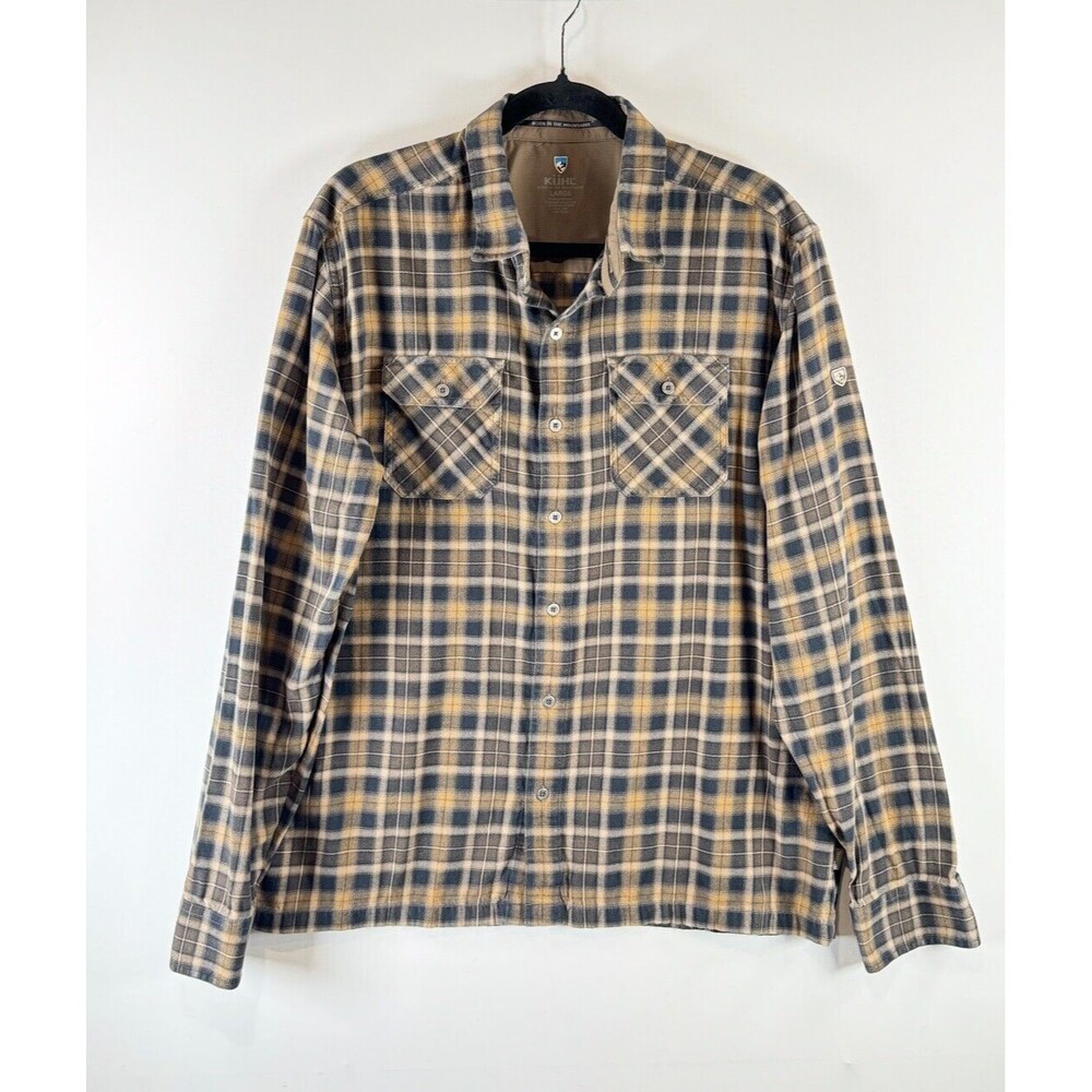 Kuhl Mens Button Up Shirt Yellow Dillingr Flannel Plaid Overshirt Hiking Large